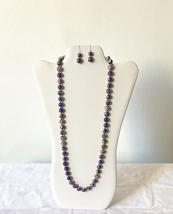 Blue Cloisonné Jewelry Set, Dark Blue Pink Flower… - image 9