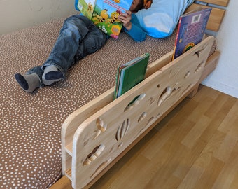 2in1 _ bookcase & fall protection _ made of WOOD with sky motif, bed rail for boys and girls