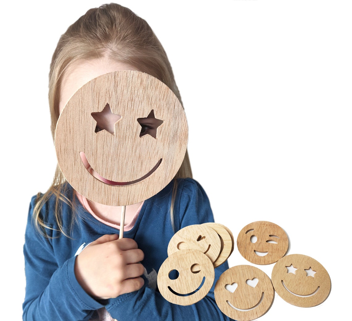 Wooden emojis with wooden sticks 14 cm tall paint learn Etsy