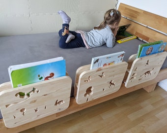 2in1 _ bed shelf & fall protection made of wood with FOREST motif (bed guard / bookcase)