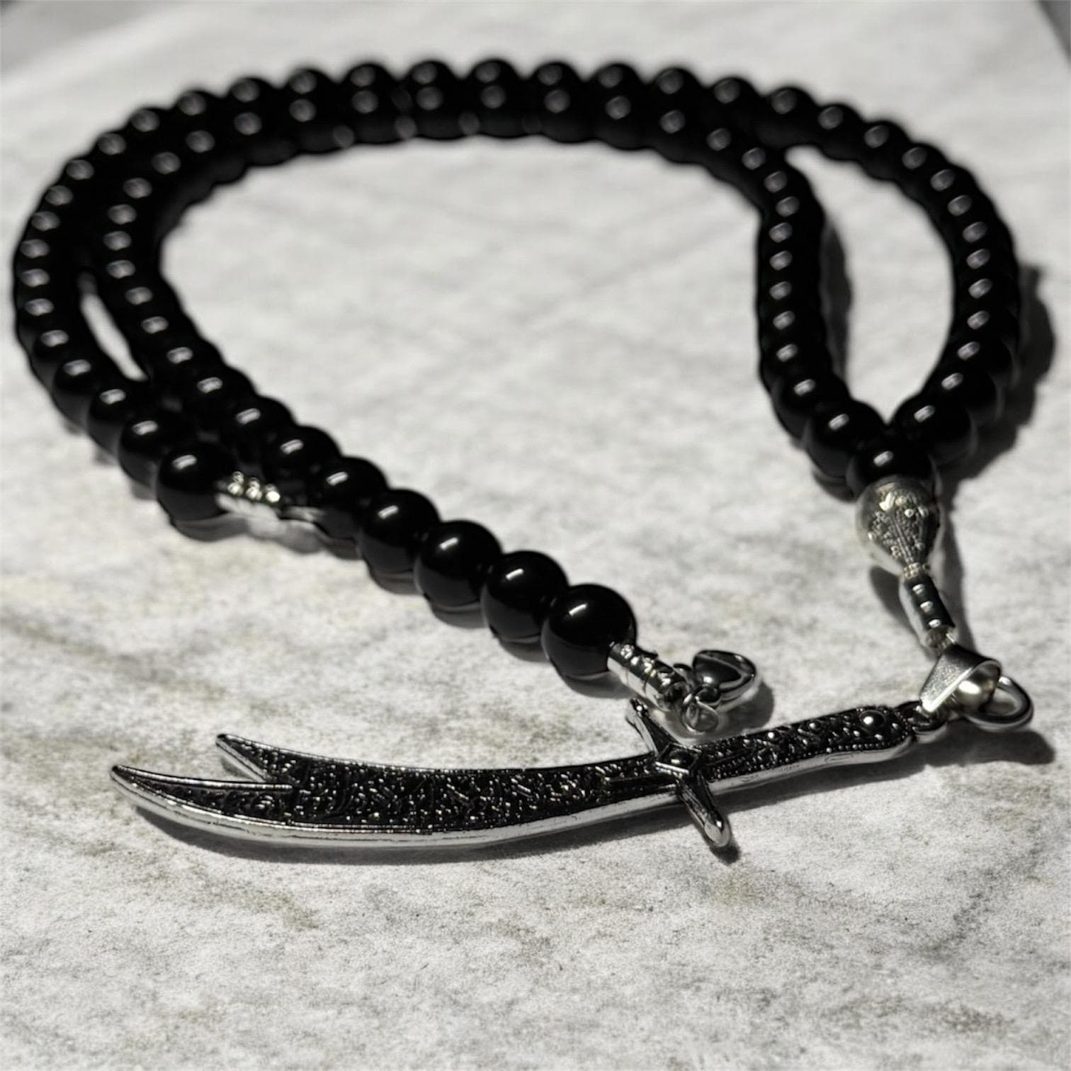 Zulfikar Necklace With Black Onyx Beads, Handmade Islamic Sword of