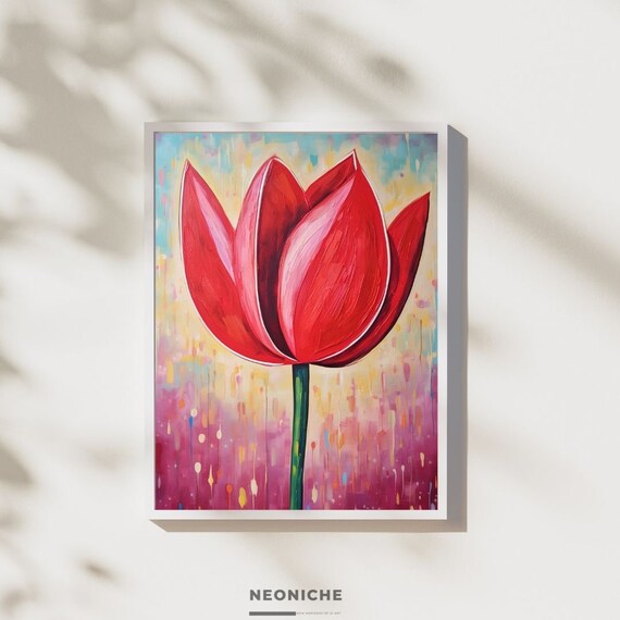 油絵 赤いチューリップ 赤いチューリップの油絵アートプリント：鮮やかな花柄（デジタル