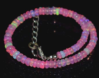 Natural Fire Opal Beaded Necklace For Women, Pink Ethiopian Opal Bracelet, Gift For Her, 925 Sterling Silver Beaded Necklace