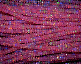 Top Quality One Strand Natural Ethiopian Heated Pink Opal Beaded Necklace, 3x5 MM Electric Fire Faceted Opal Beads Gemstone.