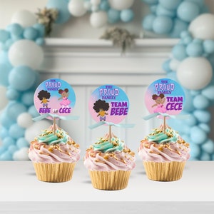 Proud Family Bebe Cece Gender Reveal Cupcake Toppers Proud Family Gender Reveal Decorations Instant Download Editable Template