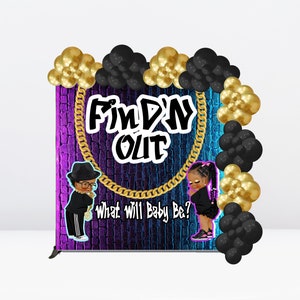 May include: A gender reveal party backdrop with a purple and blue gradient background. The backdrop features a gold chain with the words "Find'n Out" in black graffiti font. The text "What will Baby Be?" is written in white below the chain. Two cartoon figures, a boy and a girl, are on either side of the chain.