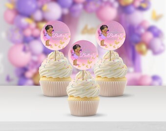 Topper pequeno bonito do queque do chá de fraldas da | Idéias para chá de bebê de menina | Chuveiro rosa roxo | Modelo editável de download instantâneo 058