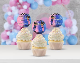 Race Car Driver Burnouts or Bows Gender Reveal Twins Cupcake Topper | Racing Royal Blue & Pink Bow | Instant Download Editable Template 056