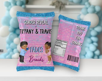 Fades or Braids Chip Bag Wrapper Gender Reveal Decorations Gender Reveal Wrappers Instant Download Editable Chip Bag Wrapper Template 047