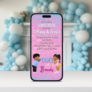 Puede incluir: Una invitación a una revelación de género rosa y azul con un fondo de ladrillo. La invitación dice "Join us for a Gender Reveal honoring Tiffany & Travis" e incluye la fecha, la hora, la ubicación y la información de RSVP. La invitación también presenta a un niño de dibujos animados con una camisa azul y a una niña de dibujos animados con una camisa rosa.