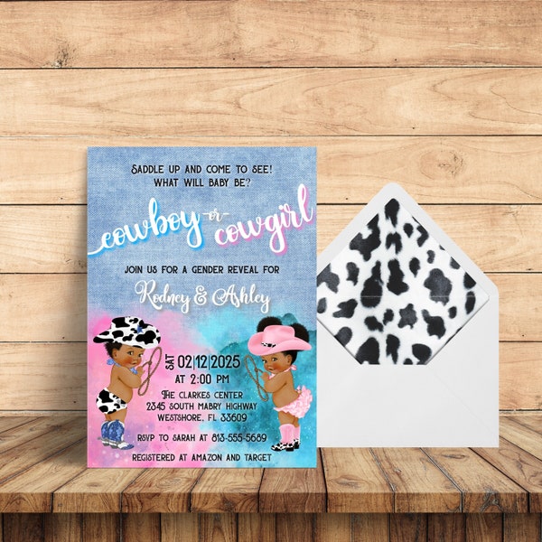 Cowboy or Cowgirl Gender Reveal Invitation | Western Boots or Bows Gender Reveal | Baby Shower | Paper Invite Editable Template 050