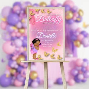 Beautiful Little Butterfly Baby Shower Welcome Sign Banner | Girl Baby Shower | Pink Purple Shower | Instant Download Editable Template 058
