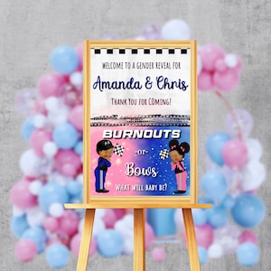 Race Car Driver Burnouts o Bows Género Revelar Señal de entrada de bienvenida / Racing Royal Blue & Pink Bow / Descarga instantánea Plantilla editable 056