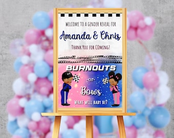 Race Car Driver Burnouts o Bows Género Revelar Señal de entrada de bienvenida / Racing Royal Blue & Pink Bow / Descarga instantánea Plantilla editable 056