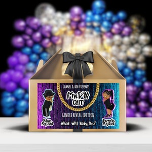 Find n Out Ujawnienie płci Hip Hop Ujawnienie Hip Hop Baby Shower Fioletowy i niebieski szczyt Etykieta pudełka Pudełko na upominki na przyjęcie Natychmiastowe pobranie szablonu