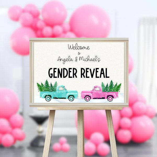 Holiday Truck Surprise Digital Welcome Sign Christmas Holiday Pink or Blue Baby Gender Reveal Welcome Sign Editable Instant Download 0125