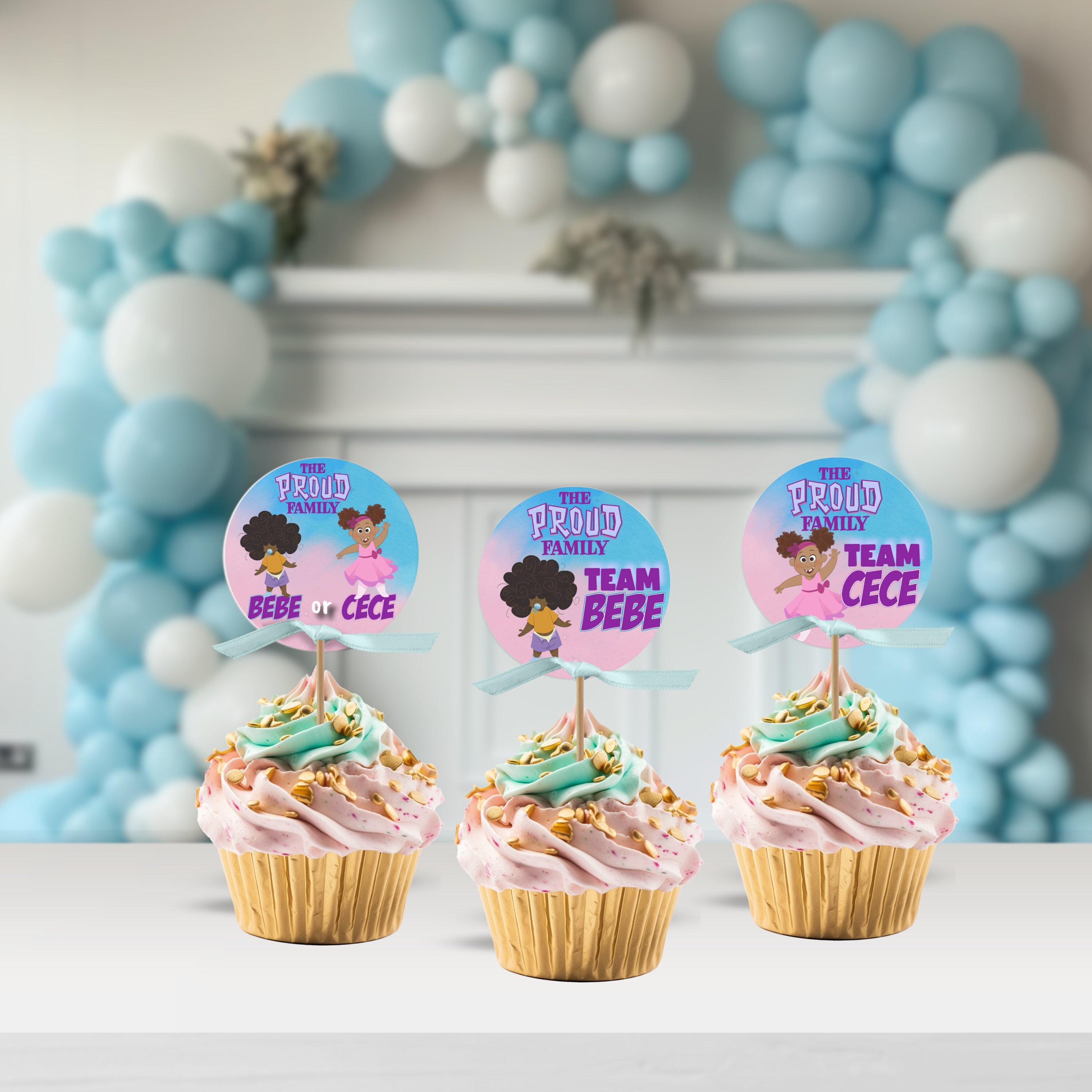 Proud Family Bebe Cece Gender Reveal Cupcake Toppers Proud Family Gender Reveal Decorations Instant Download Editable Template