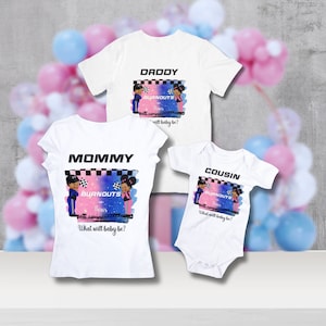 Race Car Driver Burnouts o Bows Género Reveal Camisa PNG DTF Sublimación / Racing Royal Blue & Pink Bow / Plantilla de descarga instantánea 056