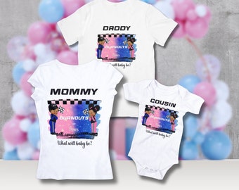 Race Car Driver Burnouts o Bows Género Reveal Camisa PNG DTF Sublimación / Racing Royal Blue & Pink Bow / Plantilla de descarga instantánea 056