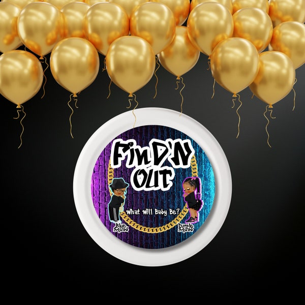Find n Out Gender Reveal Hip Hop Gender Reveal Hip Hop Baby Shower Purple and Blue Plate Table Decor Party Favors Instant Download Template