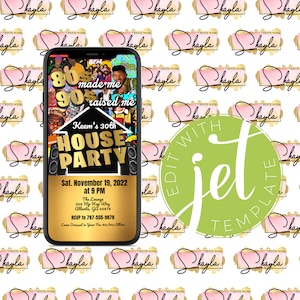 May include: A digital invitation for a house party with a collage of 80s and 90s pop culture icons. The text reads "80s made me 90s raised me Keem's 30th House Party Sat. November 19, 2022 at 9 PM The Lounge 505 Hip Hop Way Atlanta, GA 45678 RSVP to 787-555-9878 Come Dressed in Your Fav 80s/90s Attire"