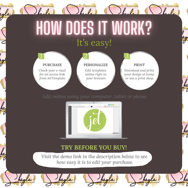 Peut inclure: Un graphique vert et blanc montrant comment utiliser un mod&egrave;le num&eacute;rique. Le graphique montre trois &eacute;tapes&nbsp;: achat, personnalisation et impression. Le graphique comprend &eacute;galement un &eacute;cran d&rsquo;ordinateur portable montrant un aper&ccedil;u d&rsquo;un logo vert et blanc avec le mot &laquo;&nbsp;jet&nbsp;&raquo; au centre.