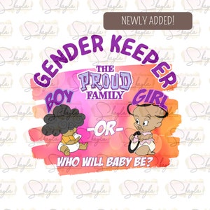 May include: A gender reveal party design with a pink and orange watercolour background. The text "Gender Keeper" is in a purple circle with a white outline. The text "The Proud Family" is in a blue rectangle with a white outline. The text "Boy" is in a purple circle with a white outline. The text "Girl" is in a purple circle with a white outline. The text "Or" is in a black rectangle with a white outline. The text "Who Will Baby Be?" is in a black rectangle with a white outline. There are cartoon images of a boy and a girl.