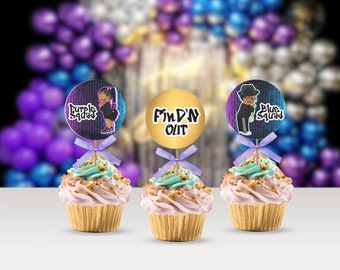 Find n Out Gender Reveal Hip Hop Gender Reveal Hip Hop Baby Shower Purple and Blue Cupcake Topper Party Favors Instant Download Template