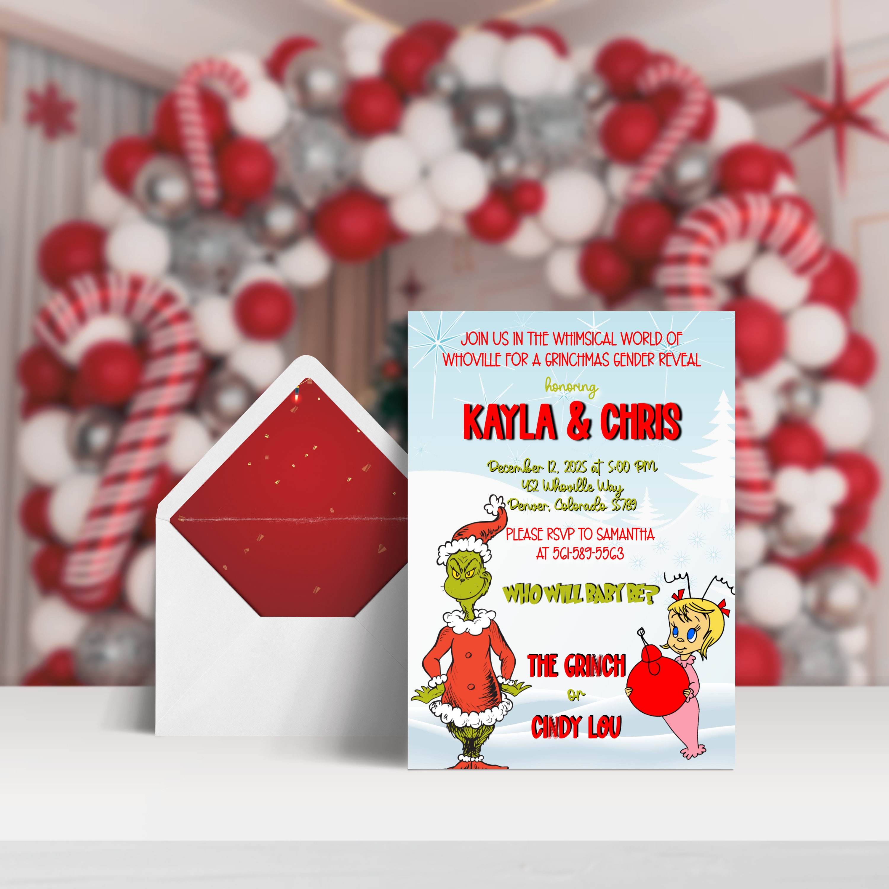 Grinchmas Red Gender Reveal Paper Invitation Dr Seuss Reveal Whoville