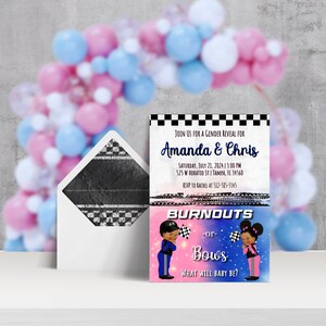 Race Car Driver Burnout o Bows Gender Reveal Twins Paper Invitar 5x7 / Racing Royal Blue & Pink Bow / Descarga instantánea Plantilla editable 056
