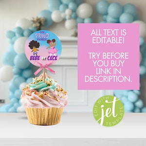 Peut inclure: Un topper de cupcake rond avec un d&eacute;grad&eacute; de bleu et de rose avec le texte "The Proud Family" et deux enfants de dessin anim&eacute;, un gar&ccedil;on et une fille. Le texte "Bebe or Cece" est sous les enfants de dessin anim&eacute;. Le topper de cupcake est sur un cupcake rose et bleu.