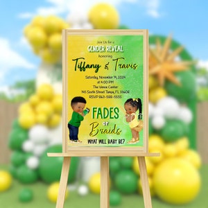 Desvanecimientos o trenzas Revelación de género Señal de entrada de bienvenida / Desvanecimientos o trenzas Amarillo y verde Revelación de género / Descarga instantánea Plantilla editable 054