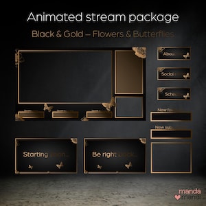 Animated stream package | Luxury black & gold | Flowers - butterflies | Twitch overlay | Stream overlay | Overlays, alerts, screens, panels