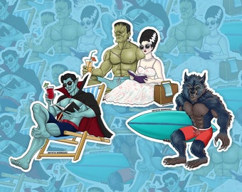 Monsters At The Beach Sticker Pack | Frankenstein, Dracula, Wolfman