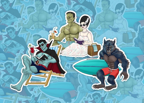 Monsters at the Beach Sticker Pack | Frankenstein, Dracula, Wolfman - Etsy