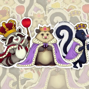 Pack d'autocollants animaux royaux | Animaux mignons | Raton laveur | Opossum | Mouffette | Stickers Roi et Reine