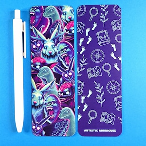 May include: Two bookmarks, one with a purple background and a pattern of white footprints, compasses, magnifying glasses, and backpacks, and the other with a purple background and a pattern of glowing white animals, including a rabbit, a gorilla, and a moth. The bookmark with the animals has the text "Artistic Rodriguez" at the bottom.