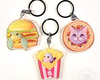 Acryl sleutelhanger Junkfood dier: Turtle Burger, Cat Pizza, Bird Fries