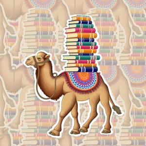 May include: A camel carrying a stack of colourful books on its back. The camel is brown with a colourful saddle and a rope halter. The books are stacked high and are of various sizes and colours.