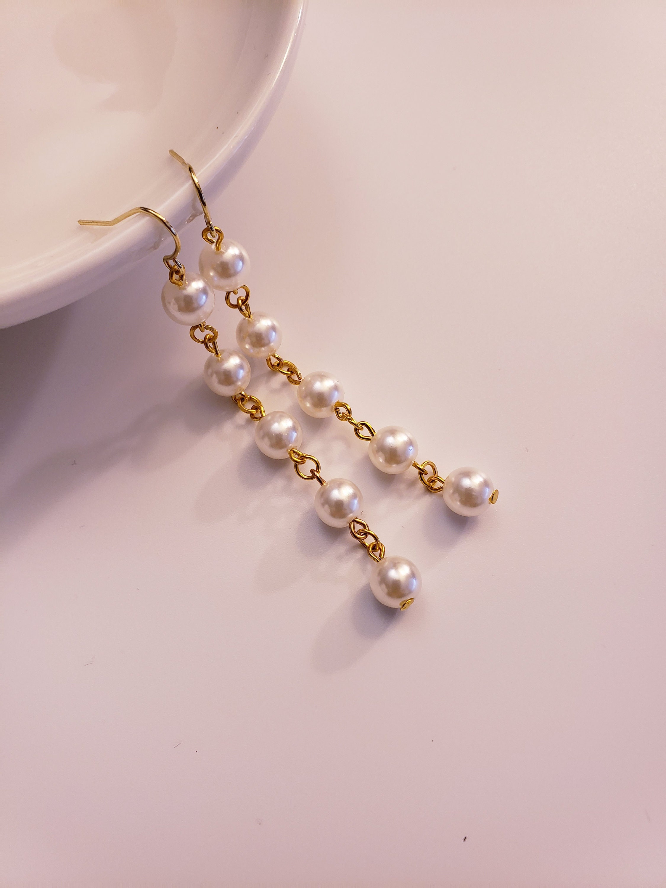 Faux Pearl Long Earrings Light Green Long Earrings Handmade Etsy