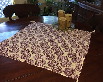 Table Topper: Handmade from originally designed block printed linen fabric.