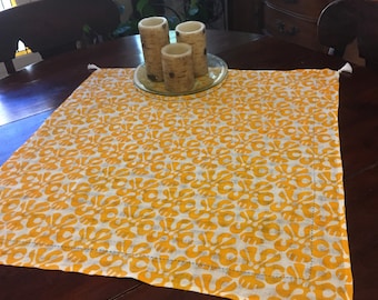 Table Topper: Handmade from originally designed block printed linen fabric.
