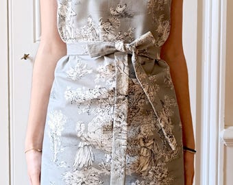 French Toile de Jouy kitchen apron, taupe, beige, grey