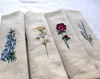 野花の刺繍入りナプキン、4枚セット