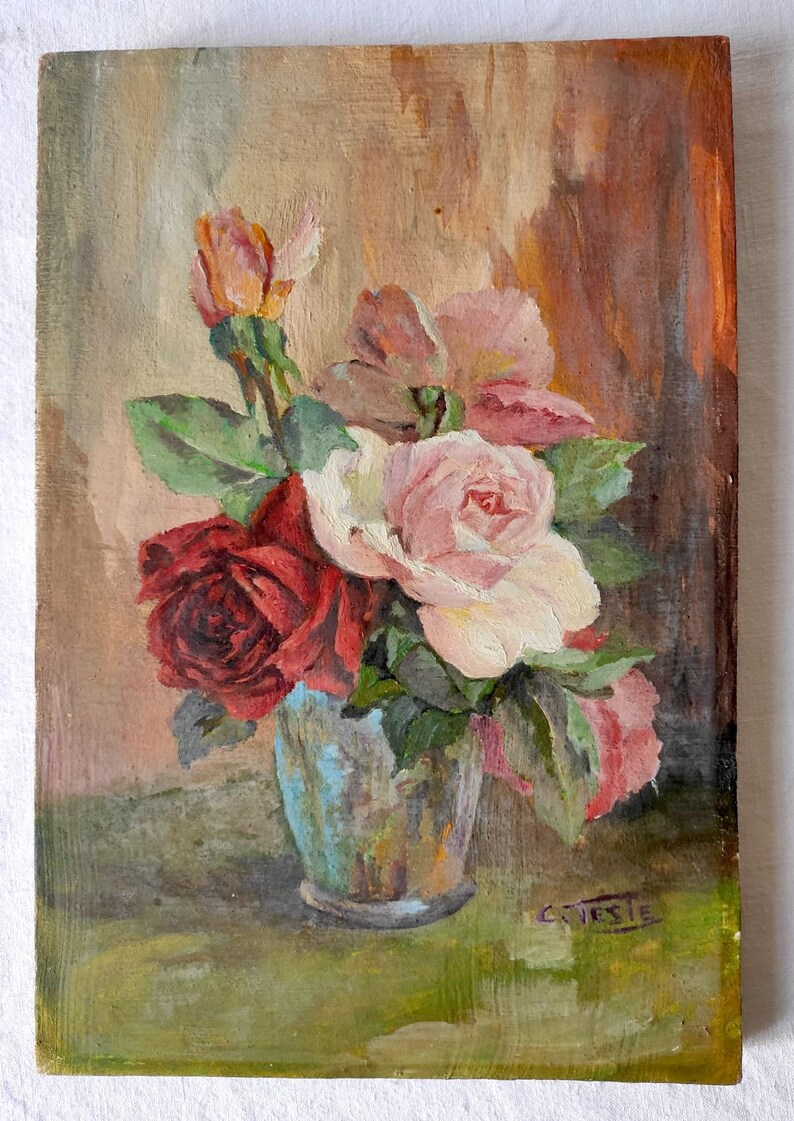 peinture à l'huile florale française vintage, nature morte image 4