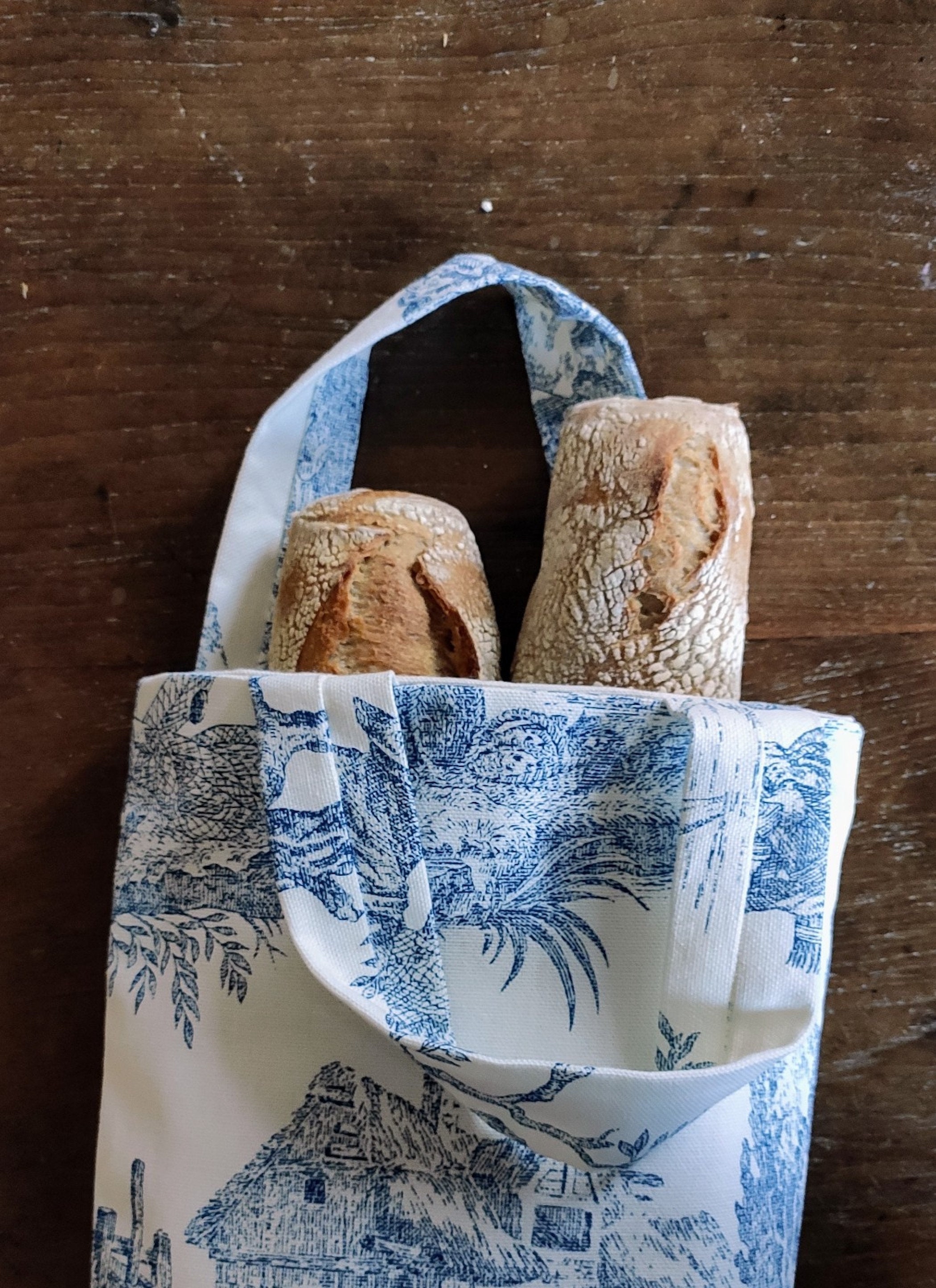 Red, blue or green French Toile de Jouy reusable drawstring cotton bread bag