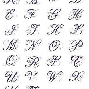 May include: A set of 26 alphabet letters in a cursive font with decorative floral accents. Each letter is in a dark blue color with a white background.