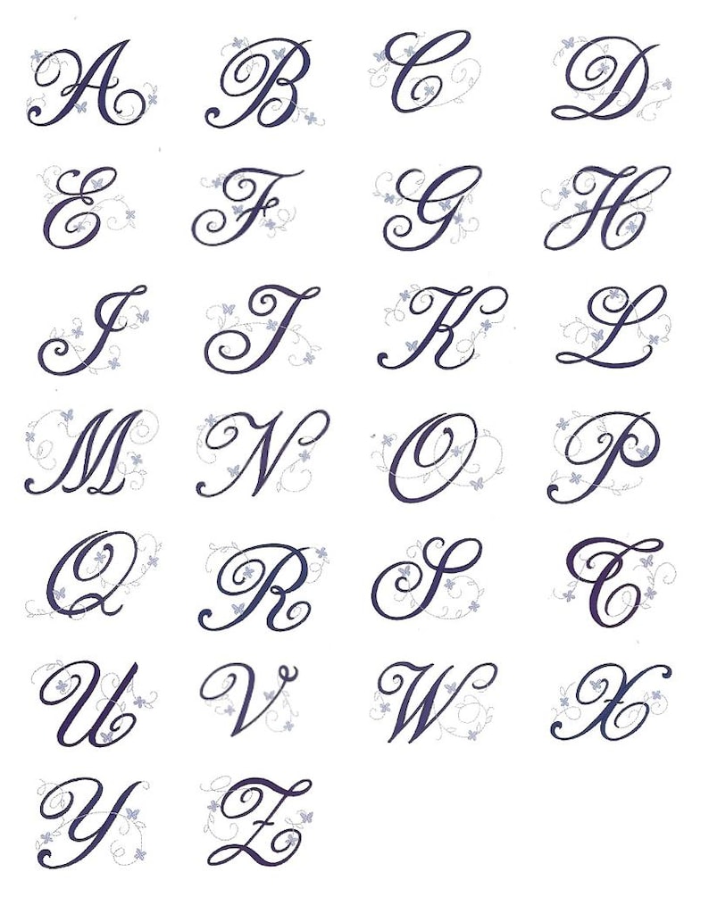 May include: A set of 26 alphabet letters in a cursive font with decorative floral accents. Each letter is in a dark blue color with a white background.