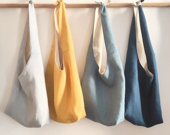 Borse con lacci in lino giallo, blu, grigio, nero, borsa hobo, borsa regolabile, tracolla, lino europeo, borsa annodata, borsa a secchiello, porta tutto