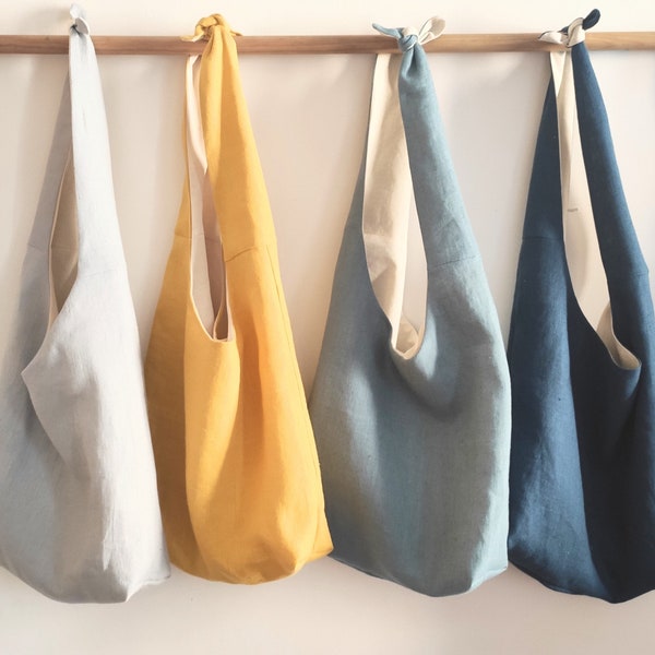 Yellow, blue, grey, black linen tie-top totes, hobo bag, adjustable tote, cross body, European linen, knotted tote, bucket bag, carry all
